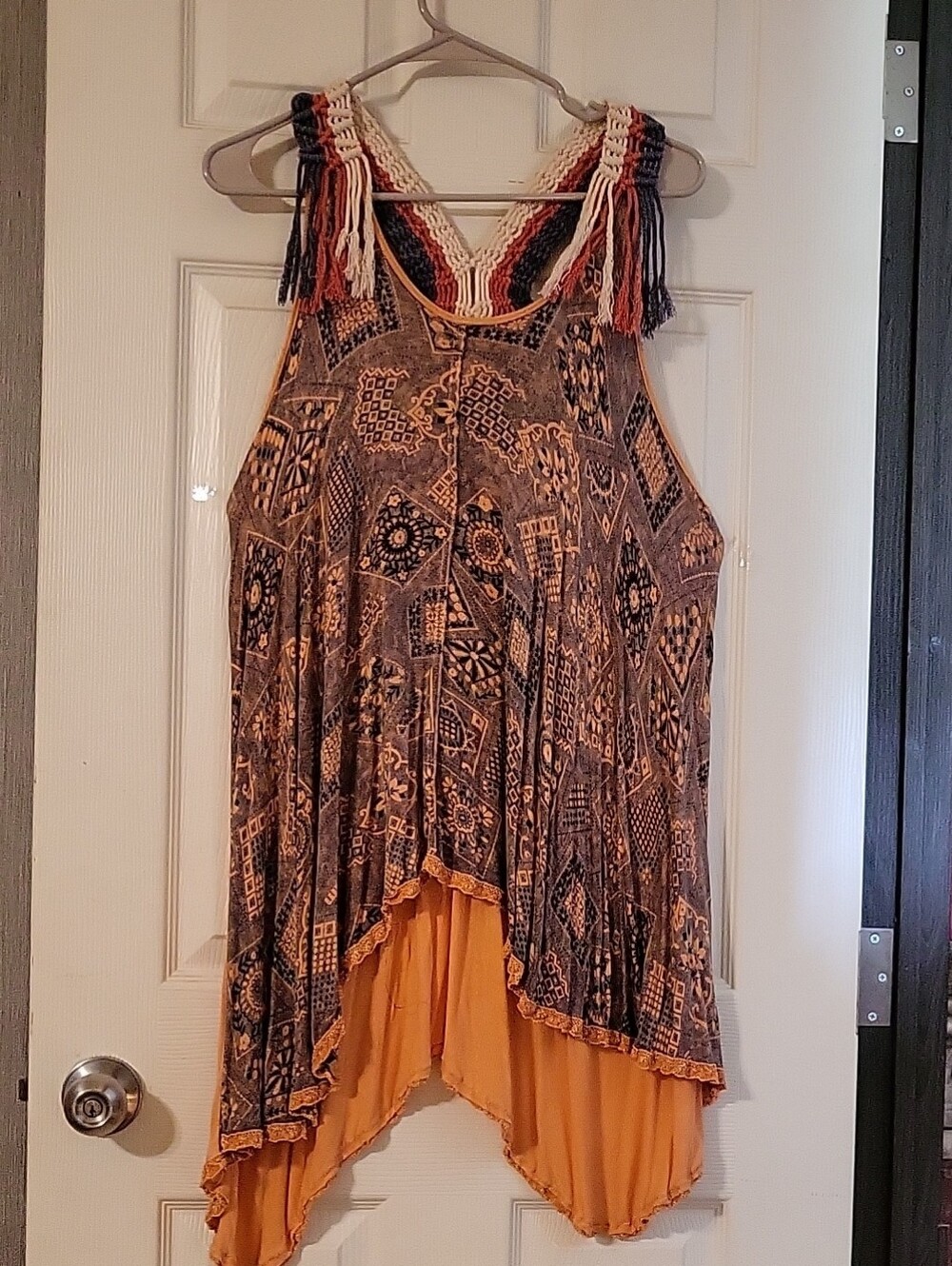 gimmicks by BKE Rust-Orange and Black Asymmetrical Boho Top with Tassel Straps